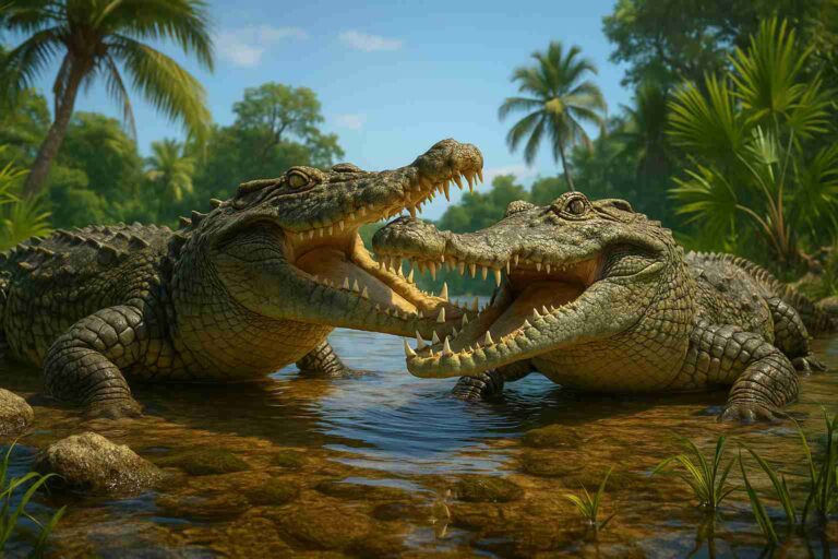 3D-rendered image of two newly discovered crocodile species resting on a rocky shore with tropical vegetation in the background, representing the Cozumel and Banco Chinchorro islands.