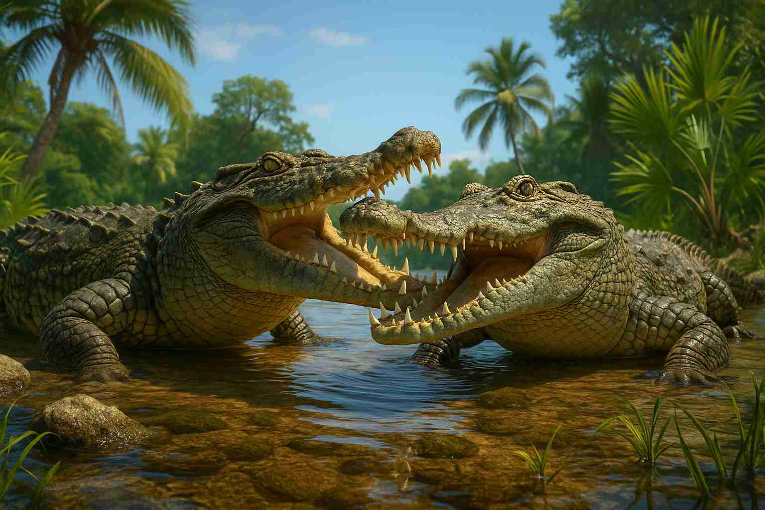 3D-rendered image of two newly discovered crocodile species resting on a rocky shore with tropical vegetation in the background, representing the Cozumel and Banco Chinchorro islands.
