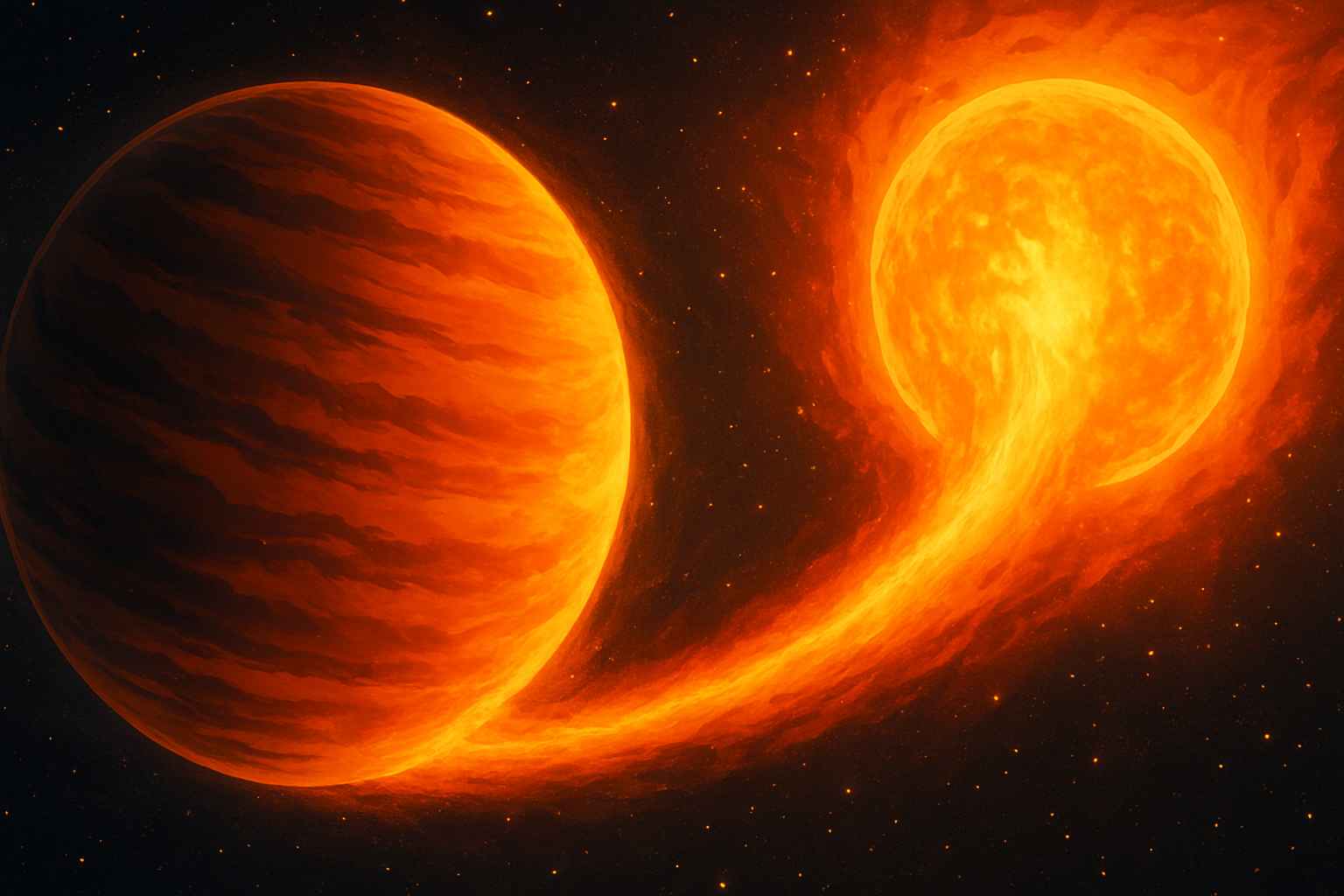 Illustration of ultra-hot Jupiter TOI-2109b spiraling into its star in a fiery cosmic death spiral