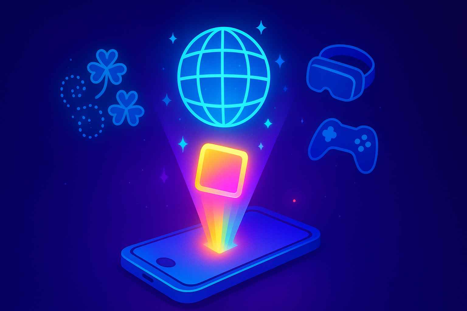 Hologram Projection: From the glowing pixel, a 3D holographic image pops out—maybe a fun glowing globe, a dancing character, or a rainbow 3D pattern floating in the air.