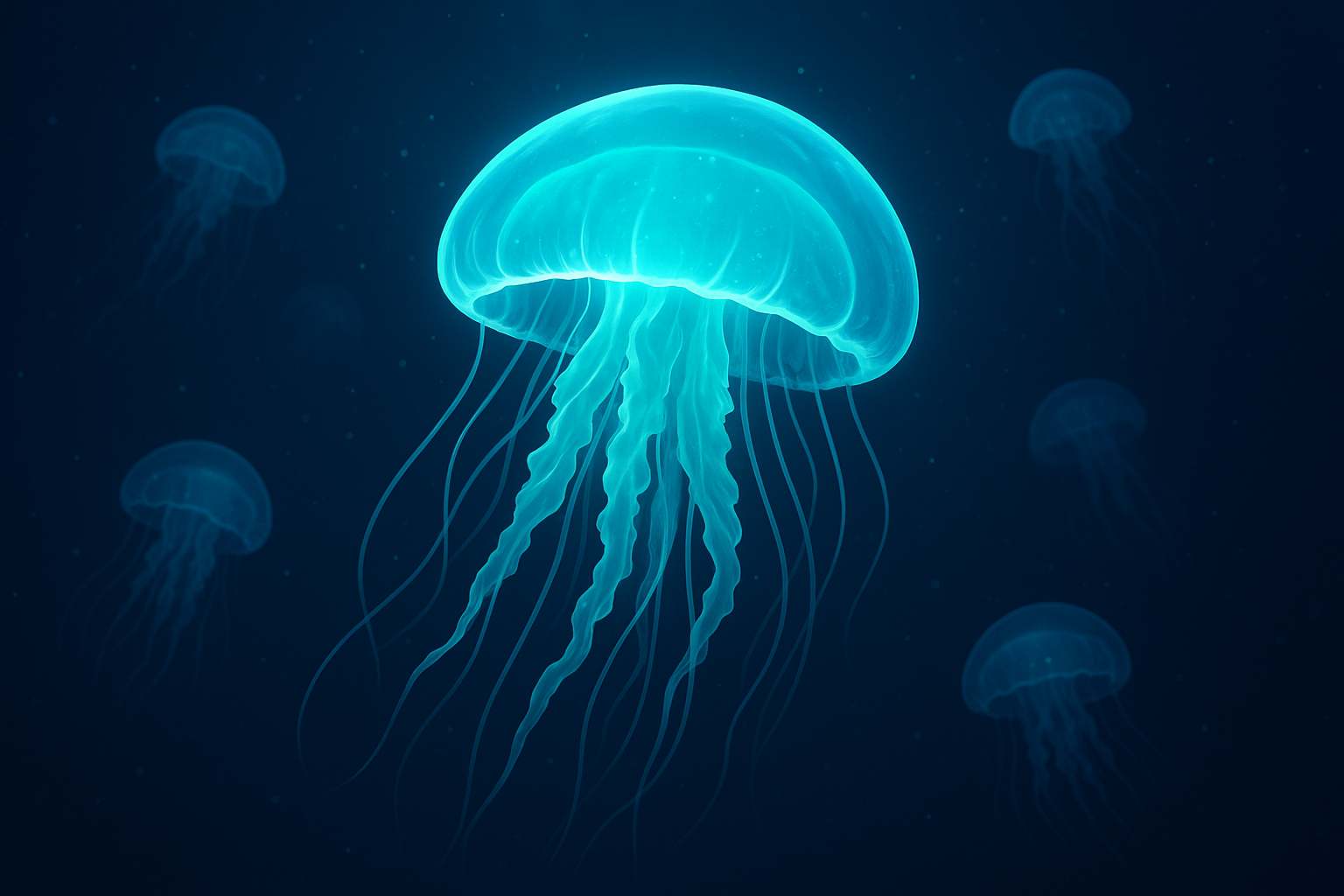Glowing jellyfish drifting in the ocean with tentacles and light