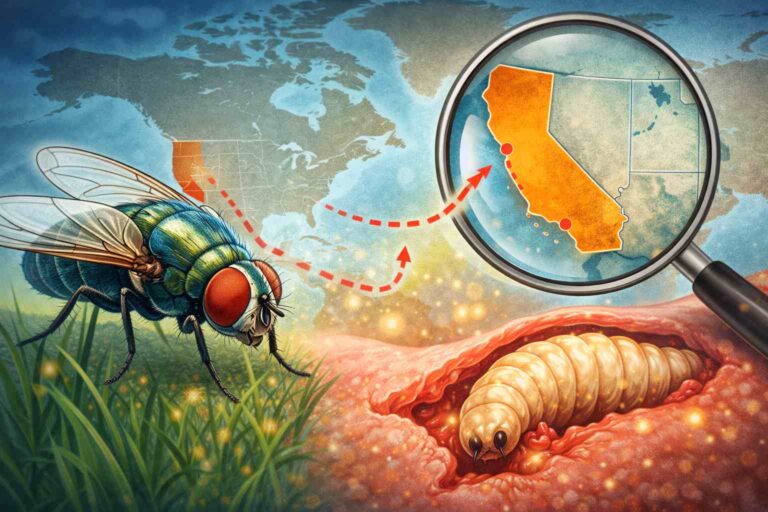 Close-up illustration of a New World screwworm fly and larva, showing how scientists identify invasive insects.