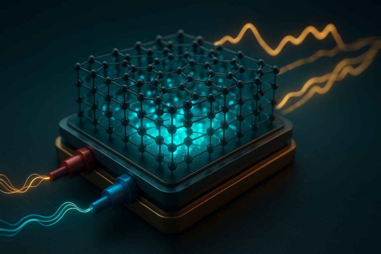 A 3D-rendered graphene supercapacitor sits on a dark surface, showing a glowing turquoise cube made of connected carbon atoms. Two metallic terminals extend from the device, with flowing blue and orange energy waves illustrating power movement.