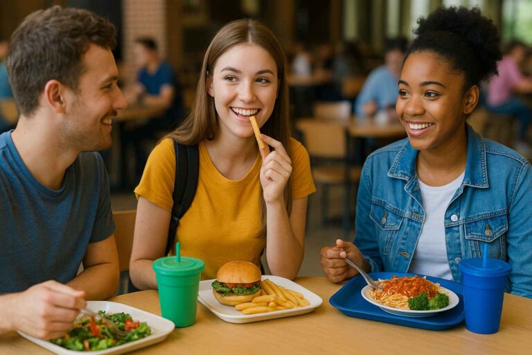 A college student eating with friends in a dining hall, showing how social settings increase calorie intake.
