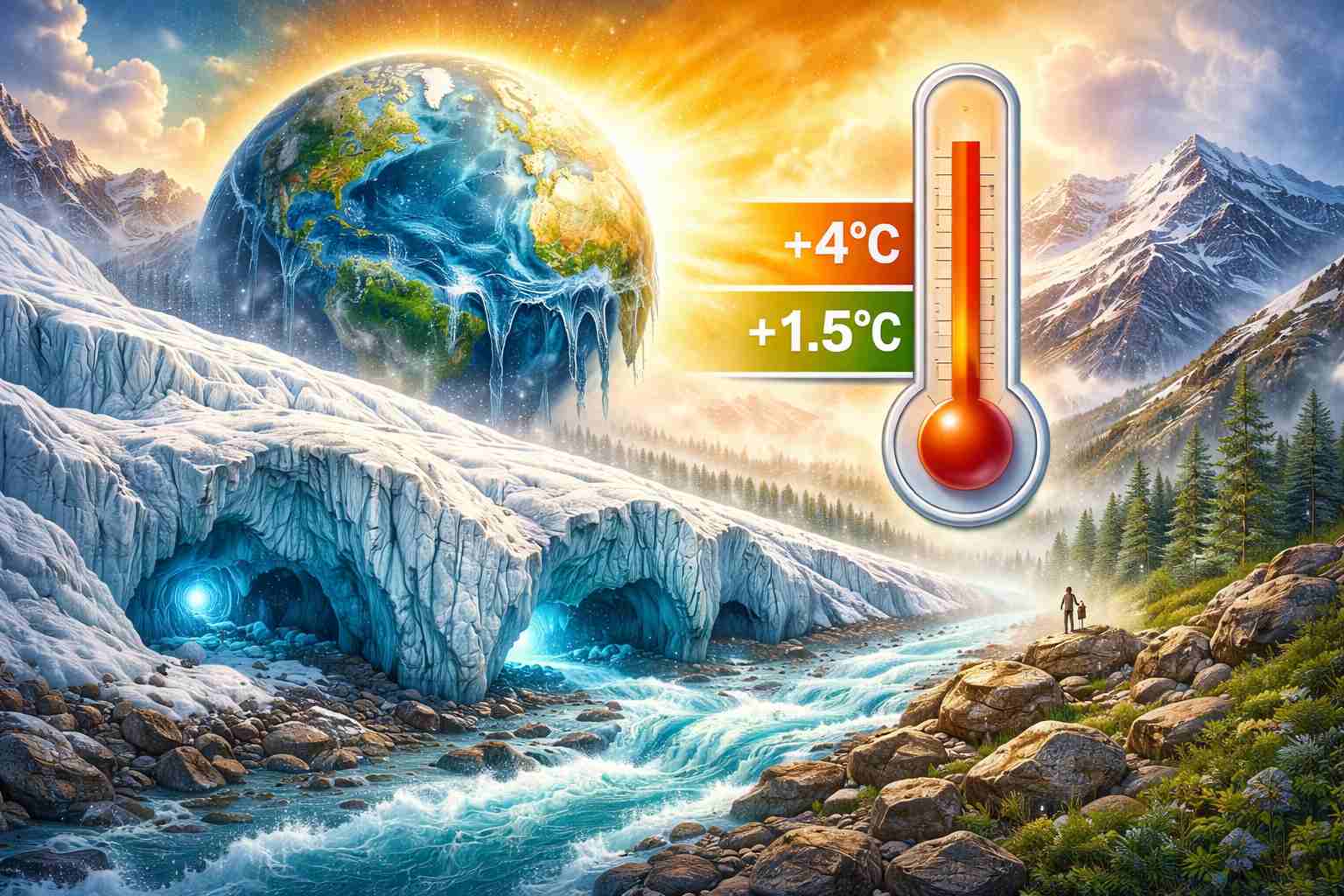 Melting mountain glacier with ice caves showing the effects of climate change on Earth’s glaciers