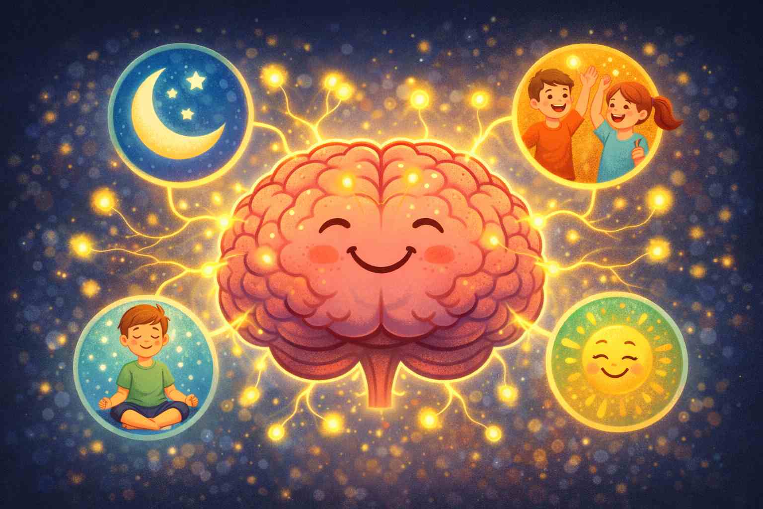 Illustration of a happy brain with glowing connections, showing how healthy habits can keep the brain young.