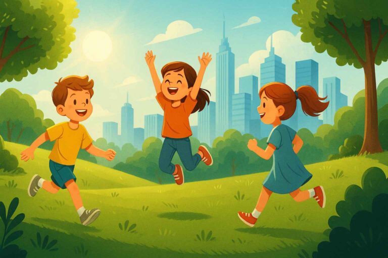 Children playing in a green park with city buildings in the background, showing the contrast between nature and modern life.