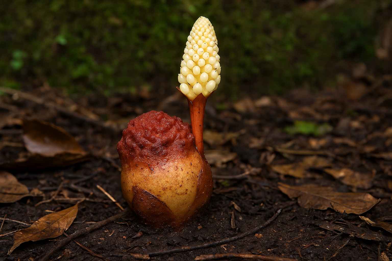 Balanophora plants'A strange non-green parasitic plant growing on a forest floor, showing plants that survive without sunlight.
