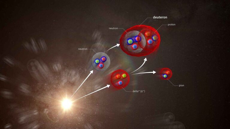 Colorful particle collision inside the Large Hadron Collider showing how matter forms after extreme heat.