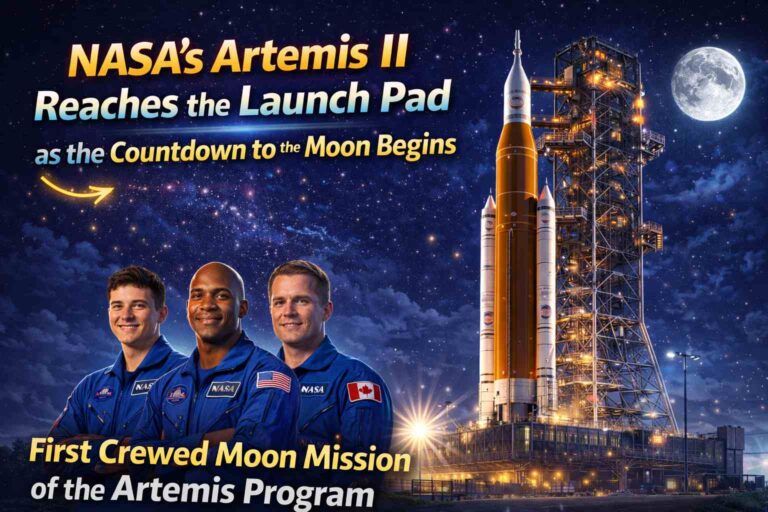 NASA’s Artemis II Space Launch System rocket illuminated at Launch Pad 39B ahead of its first crewed mission around the Moon