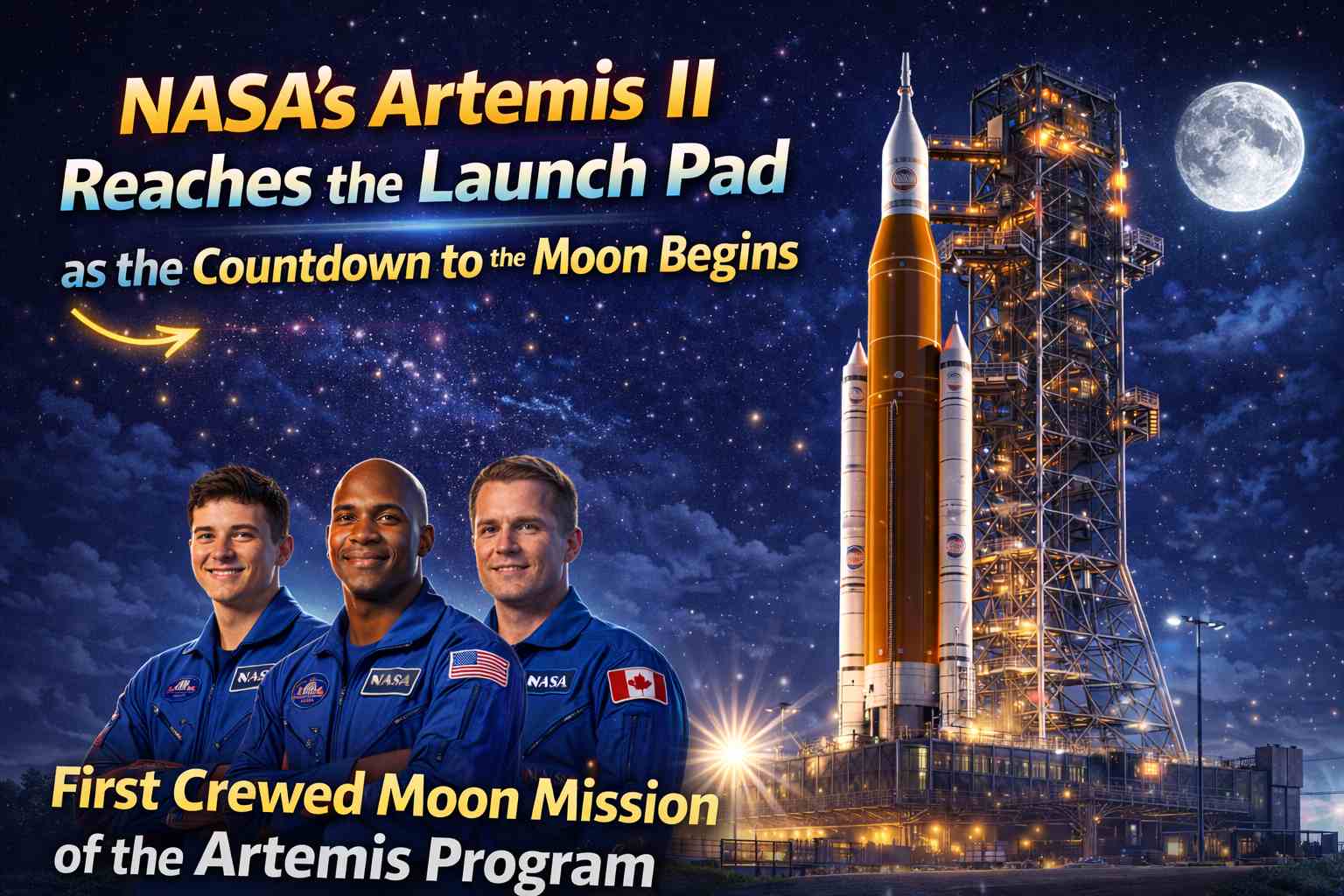 NASA’s Artemis II Space Launch System rocket illuminated at Launch Pad 39B ahead of its first crewed mission around the Moon