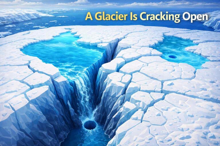 Greenland glacier cracking with meltwater lakes draining through deep fractures due to climate warming.