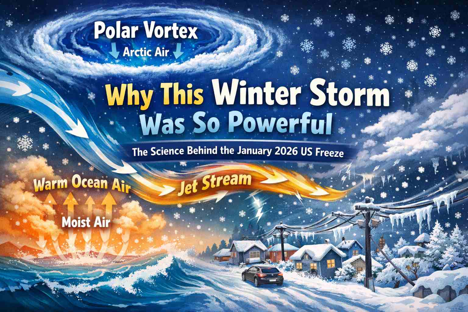 Illustration showing the polar vortex, jet stream, and snowstorm during the January 2026 US winter storm