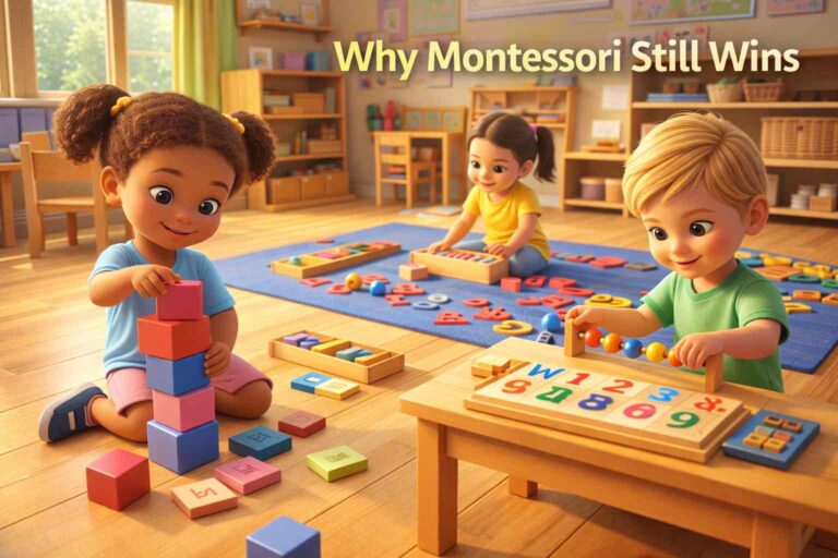 Children learning independently in a Montessori classroom with hands-on educational materials.