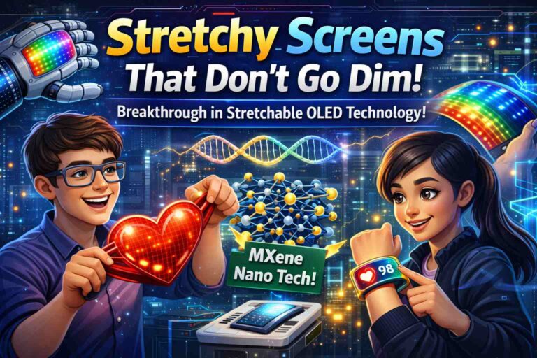 Illustration showing a stretchable OLED screen remaining bright while being bent, highlighting MXene nanomaterial electrodes and future wearable display technology