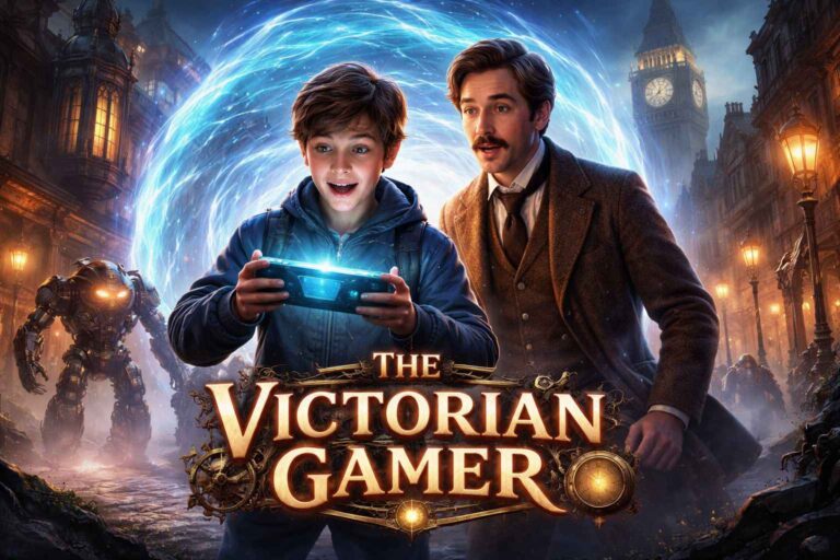 A futuristic kid holding a glowing gaming console in Victorian London with a time portal and steampunk machines