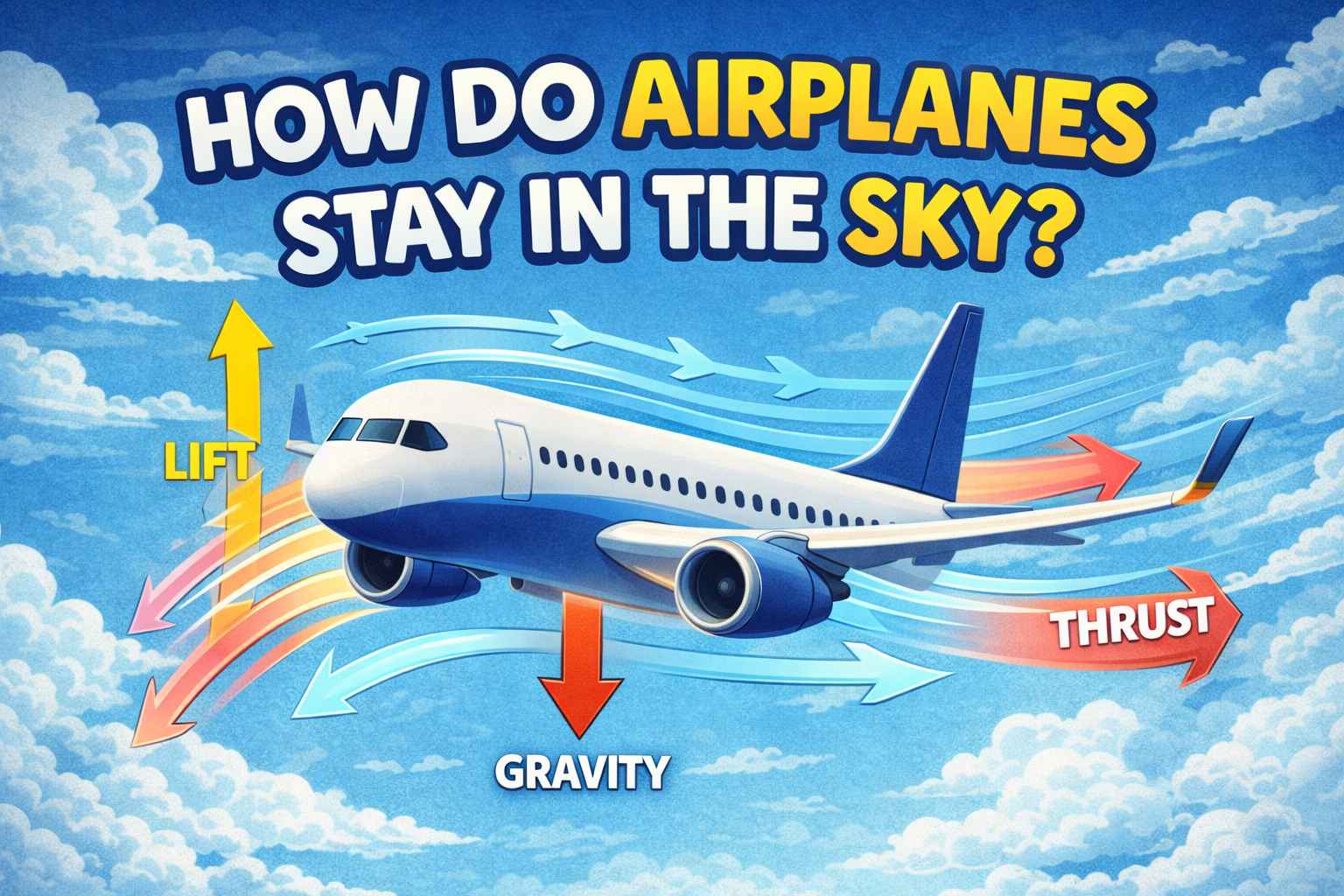 Illustration showing how airplanes stay in the sky using lift, thrust, gravity, and drag, with arrows explaining the forces of flight in a kid-friendly way.
