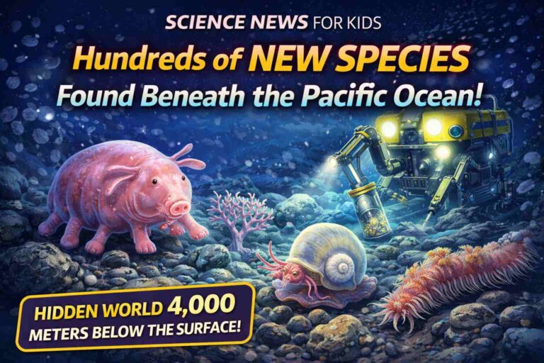 Illustration showing a robotic submersible exploring deep Pacific seabed with newly discovered sea creatures 4,000 meters below the ocean surface