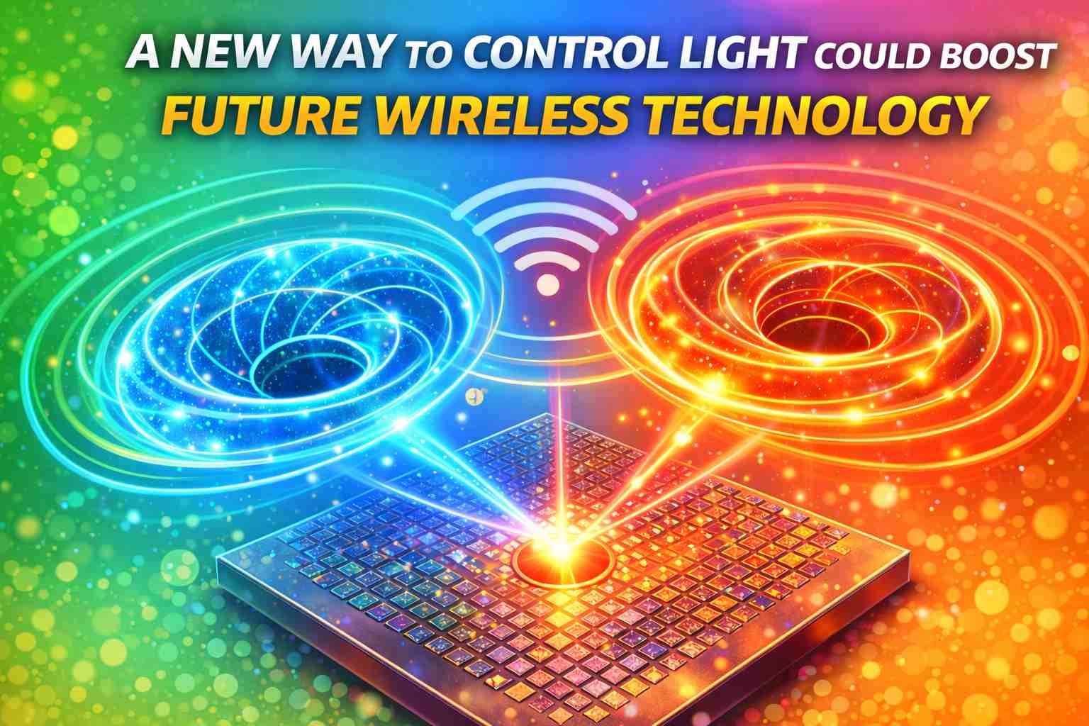 Illustration showing donut-shaped light vortices called skyrmions being switched using a metasurface for future wireless communication