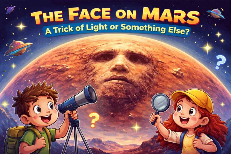 Illustration showing the famous Face on Mars mystery with kids observing Mars and questioning if it’s a shadow or alien structure