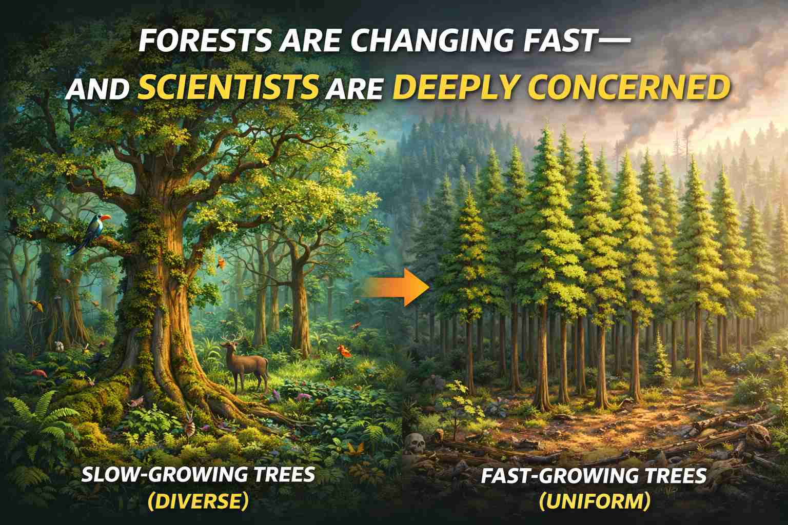 Illustration showing fast-growing trees replacing slow-growing trees in a forest ecosystem
