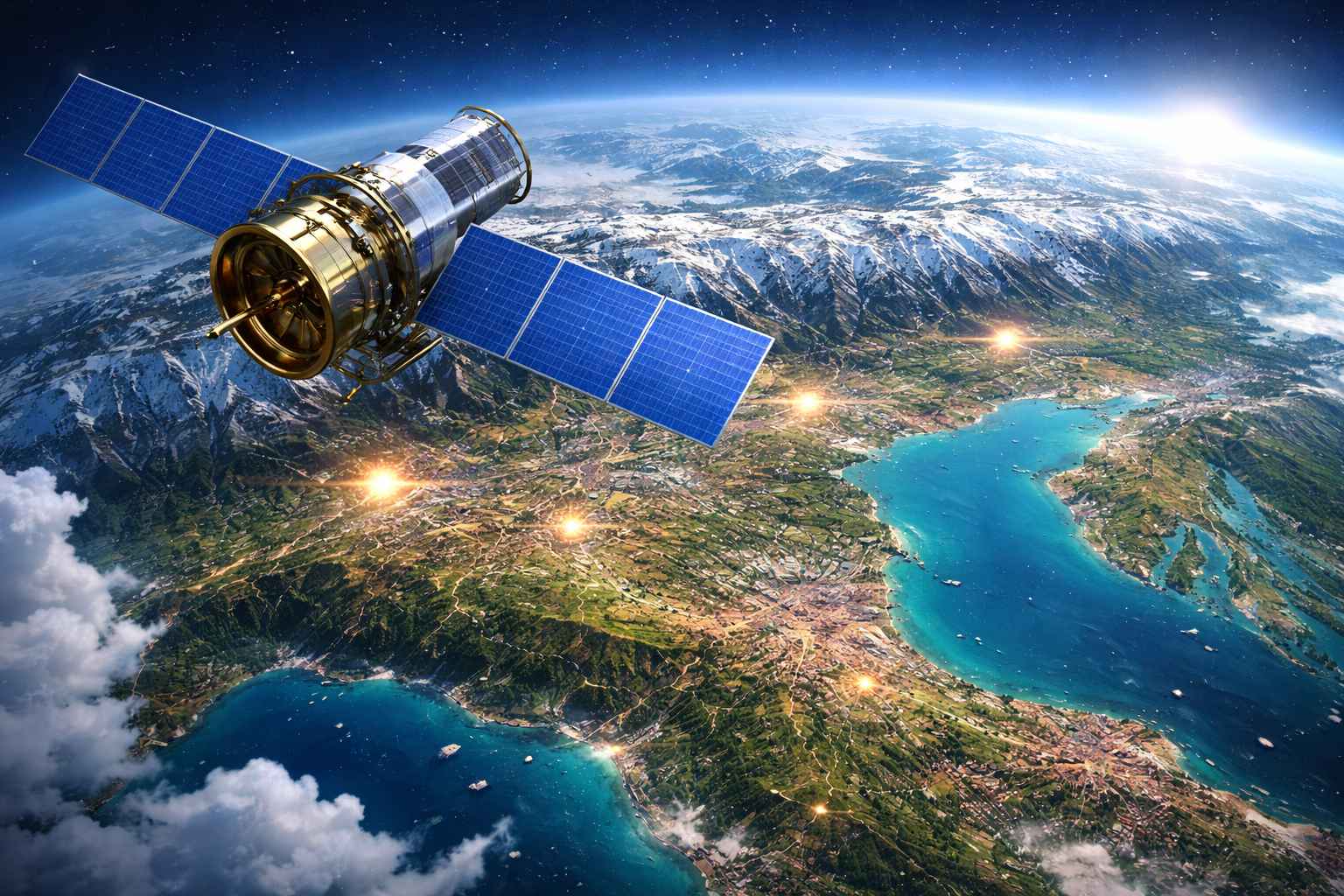 Satellite view of northern Italy showing the 2026 Winter Olympics venues from the Alps to Lake Garda and Venice