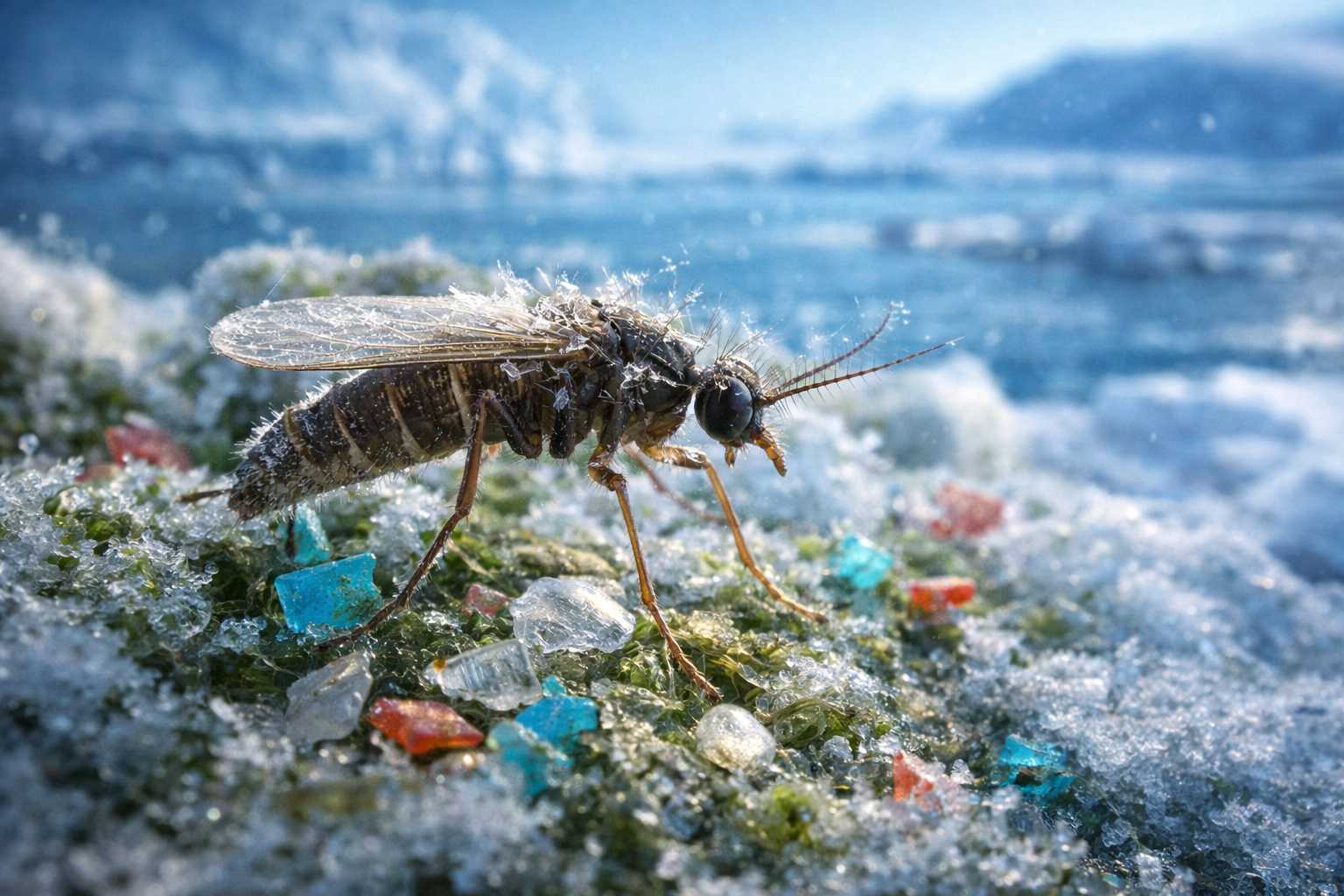 Close-up illustration of Antarctica’s only native insect, Belgica antarctica, with microplastics in its environment