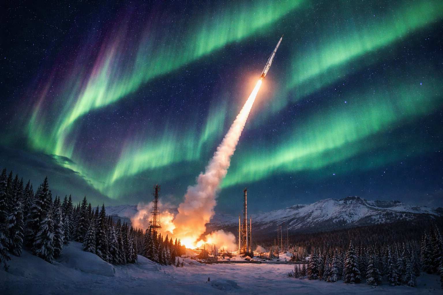 Sounding rocket launching into the northern lights over Alaska during NASA aurora research mission