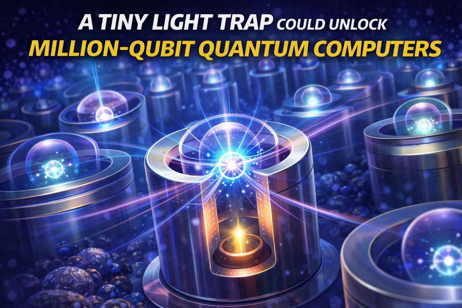 Illustration showing tiny optical cavities trapping light from individual atoms to read qubits in a quantum computer