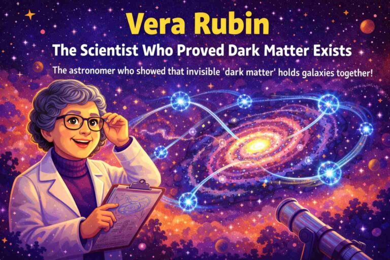 Vera Rubin astronomer explaining dark matter holding galaxies together illustration for kids