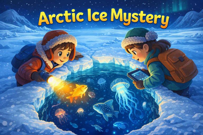 Illustration of kids exploring mysterious sea creatures beneath thick Arctic and Antarctic ice sheets in a colorful science magazine style.