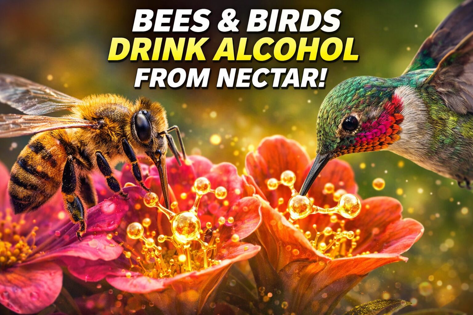 Bee and hummingbird drinking nectar containing small amounts of alcohol from flowers