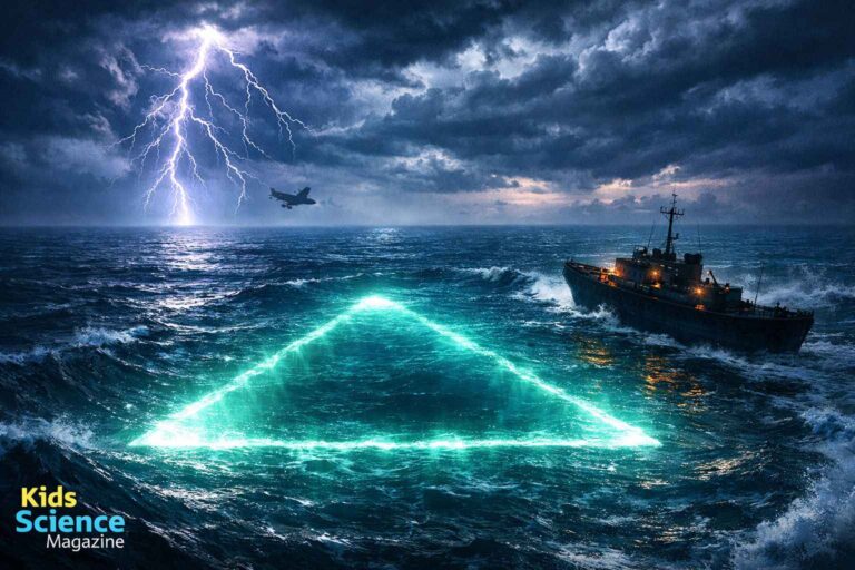 Illustrated aerial view of the Bermuda Triangle between Miami, Bermuda and Puerto Rico with a ship disappearing into glowing water