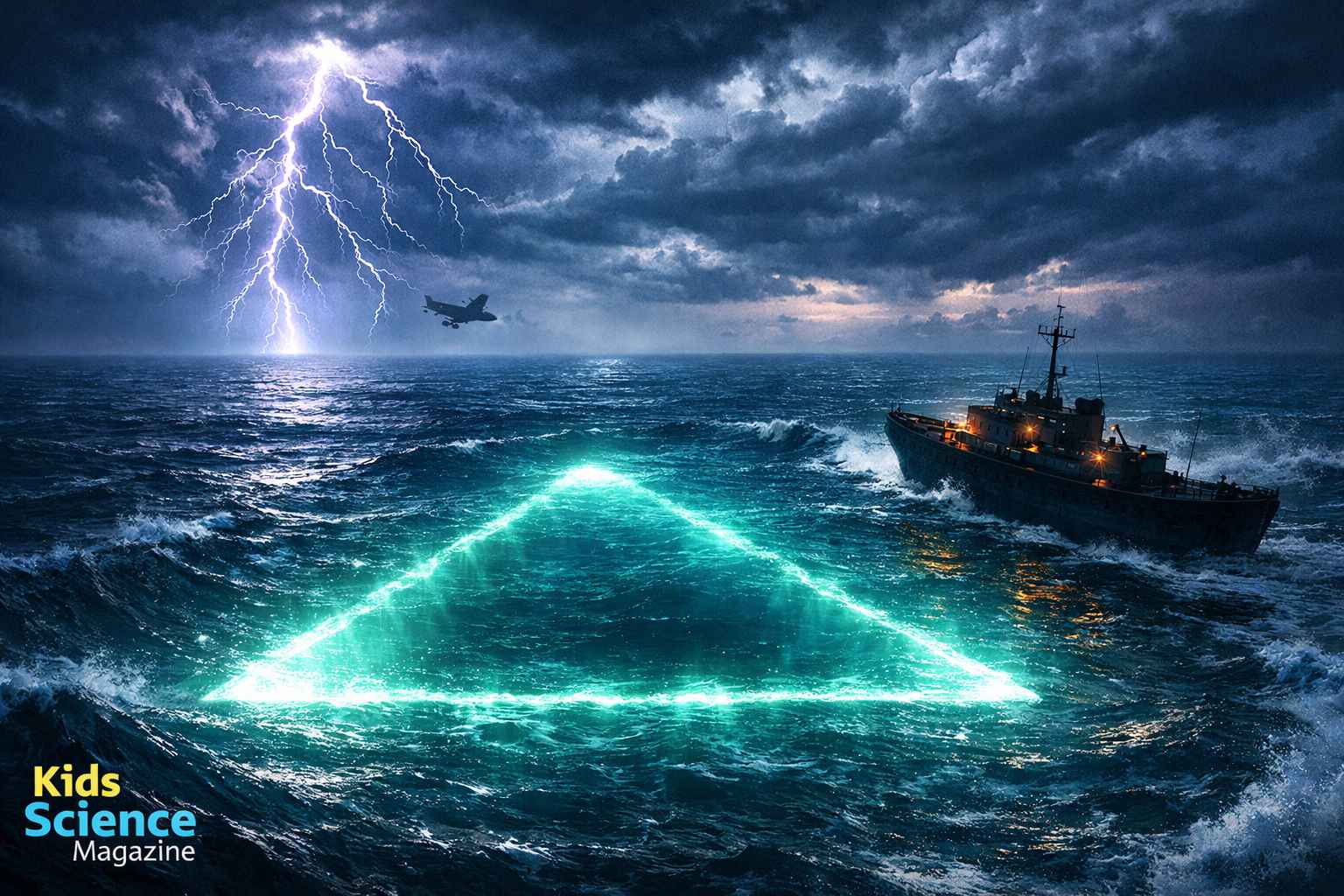 Illustrated aerial view of the Bermuda Triangle between Miami, Bermuda and Puerto Rico with a ship disappearing into glowing water