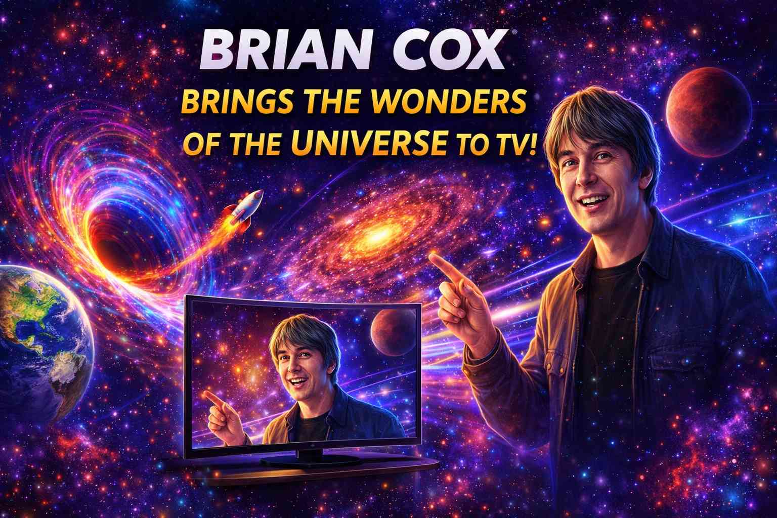 Brian Cox explaining space and universe on TV illustration for kids science article