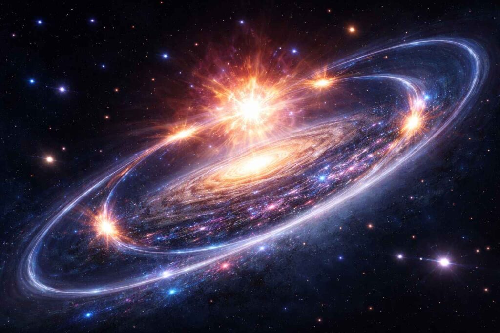 Illustration of a distant supernova with its light bent into multiple images by a galaxy