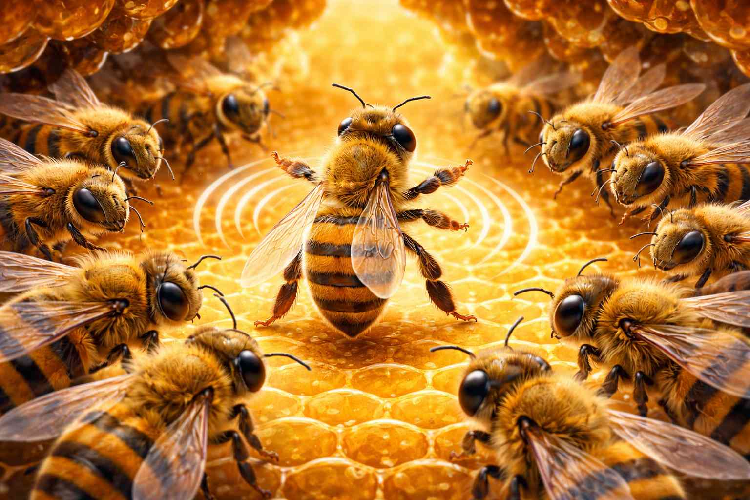 Honey bee performing waggle dance surrounded by other bees watching inside hive