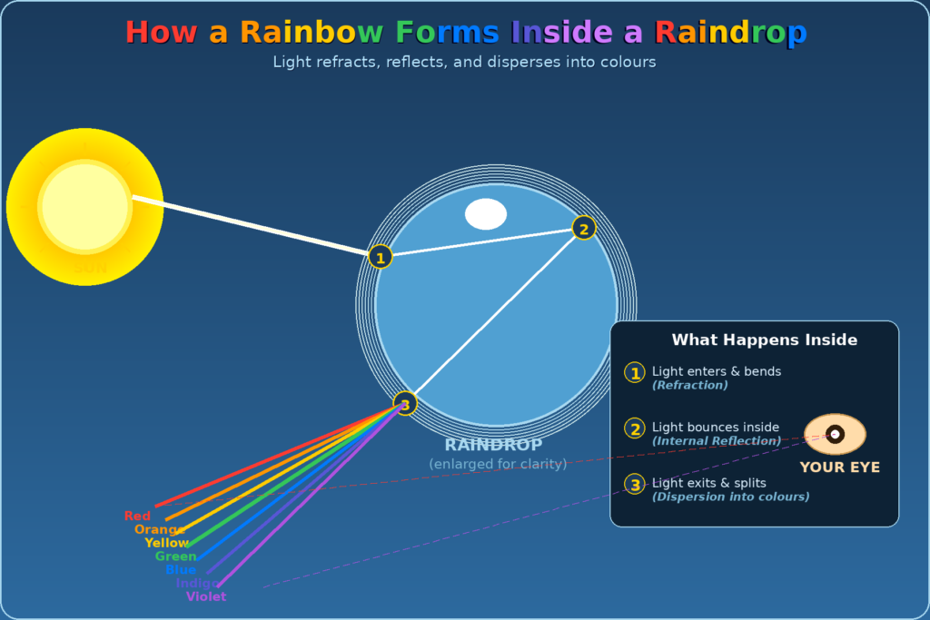 Diagram showing how a rainbow forms inside a raindrop — light refracts, reflects and splits into 7 colours for kids