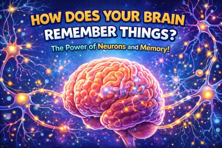 Illustration of a glowing brain with neuron connections showing how memory works in a kid-friendly science diagram.