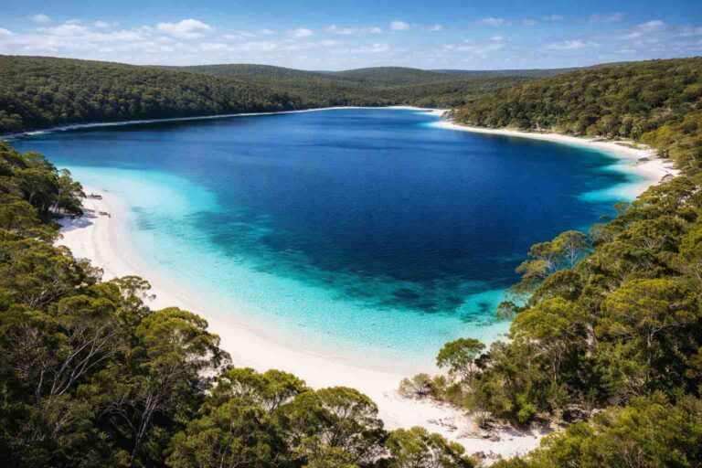 Aerial view of a clear freshwater perched lake on K’gari, the world’s largest sand island in Australia