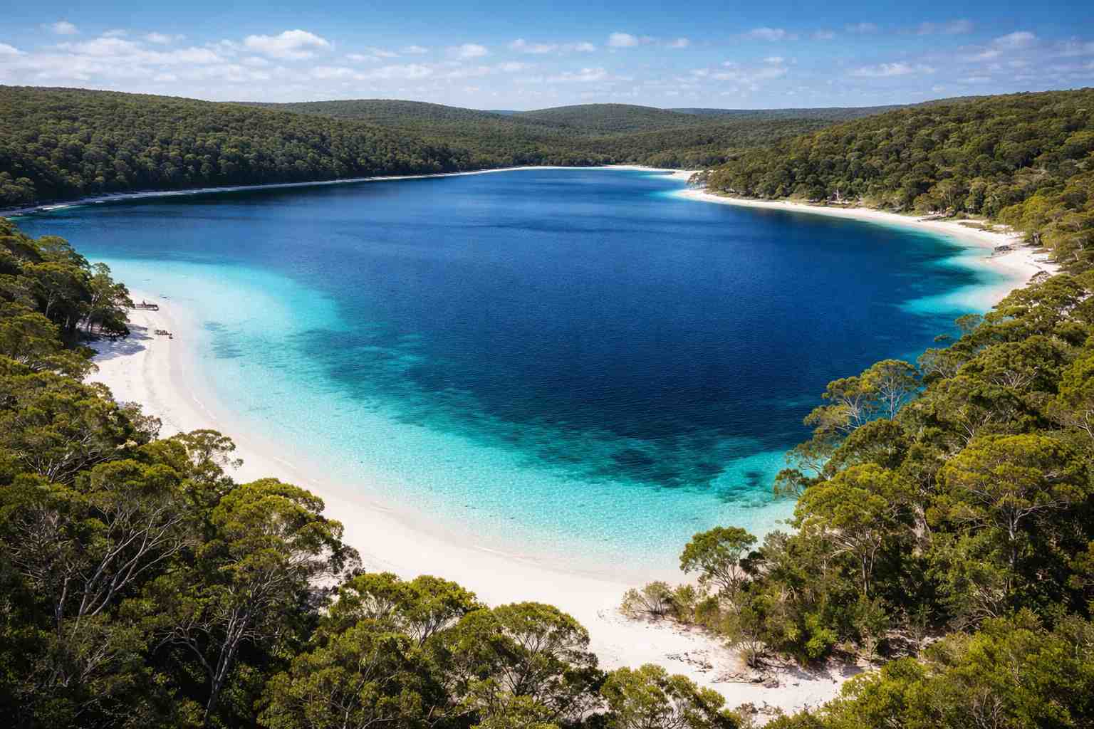 Aerial view of a clear freshwater perched lake on K’gari, the world’s largest sand island in Australia