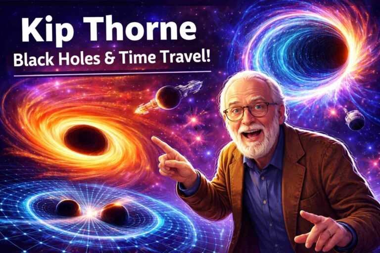 Kip Thorne black holes wormholes and gravitational waves illustration for kids science article