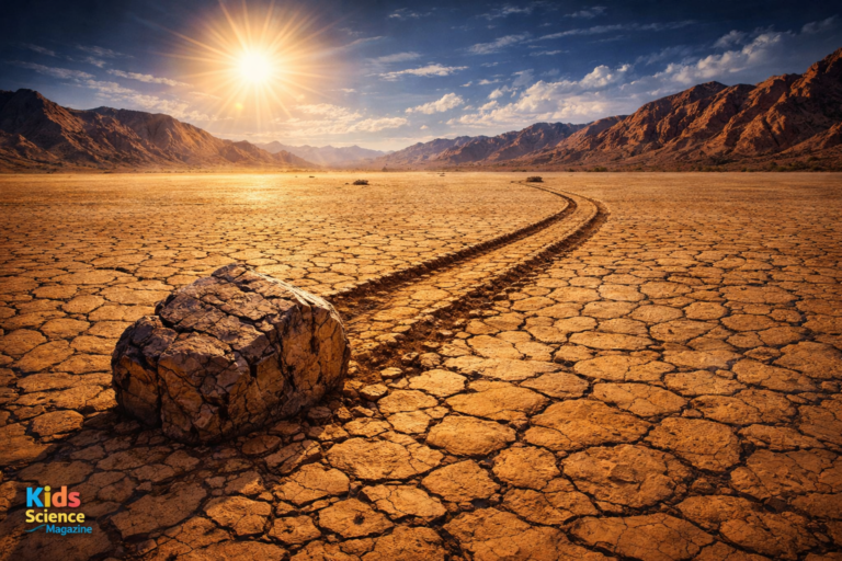 A large rock with a long trail carved behind it across the cracked dry mud of Racetrack Playa in Death Valley California