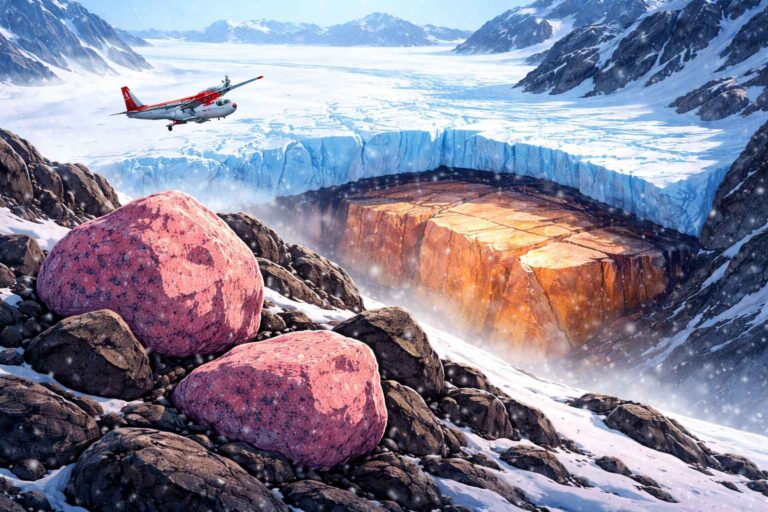 Bright pink granite rocks on Antarctic mountains revealing hidden granite beneath glacier