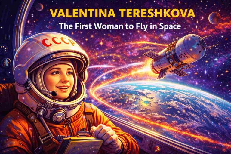 Valentina Tereshkova first woman in space flying aboard Vostok 6 spacecraft illustration for kids