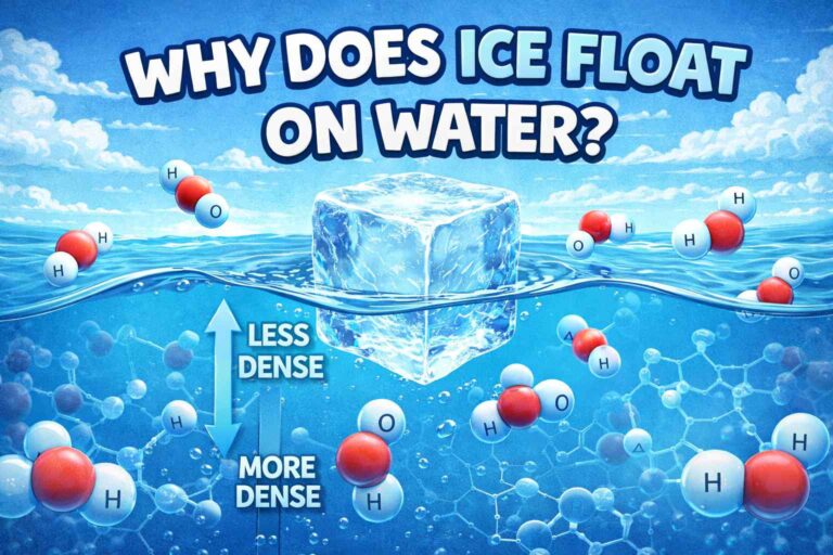 Illustration of an ice cube floating in water showing density differences and molecular structure of H2O in a kid-friendly science diagram.