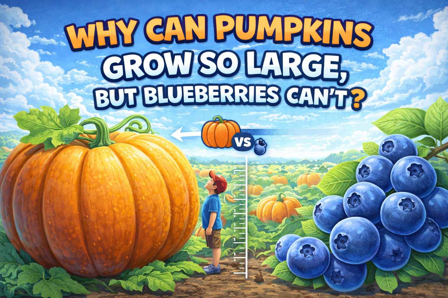 Illustration comparing a giant pumpkin and small blueberries explaining why pumpkins grow larger due to plant energy and genetics in a kid-friendly science diagram.