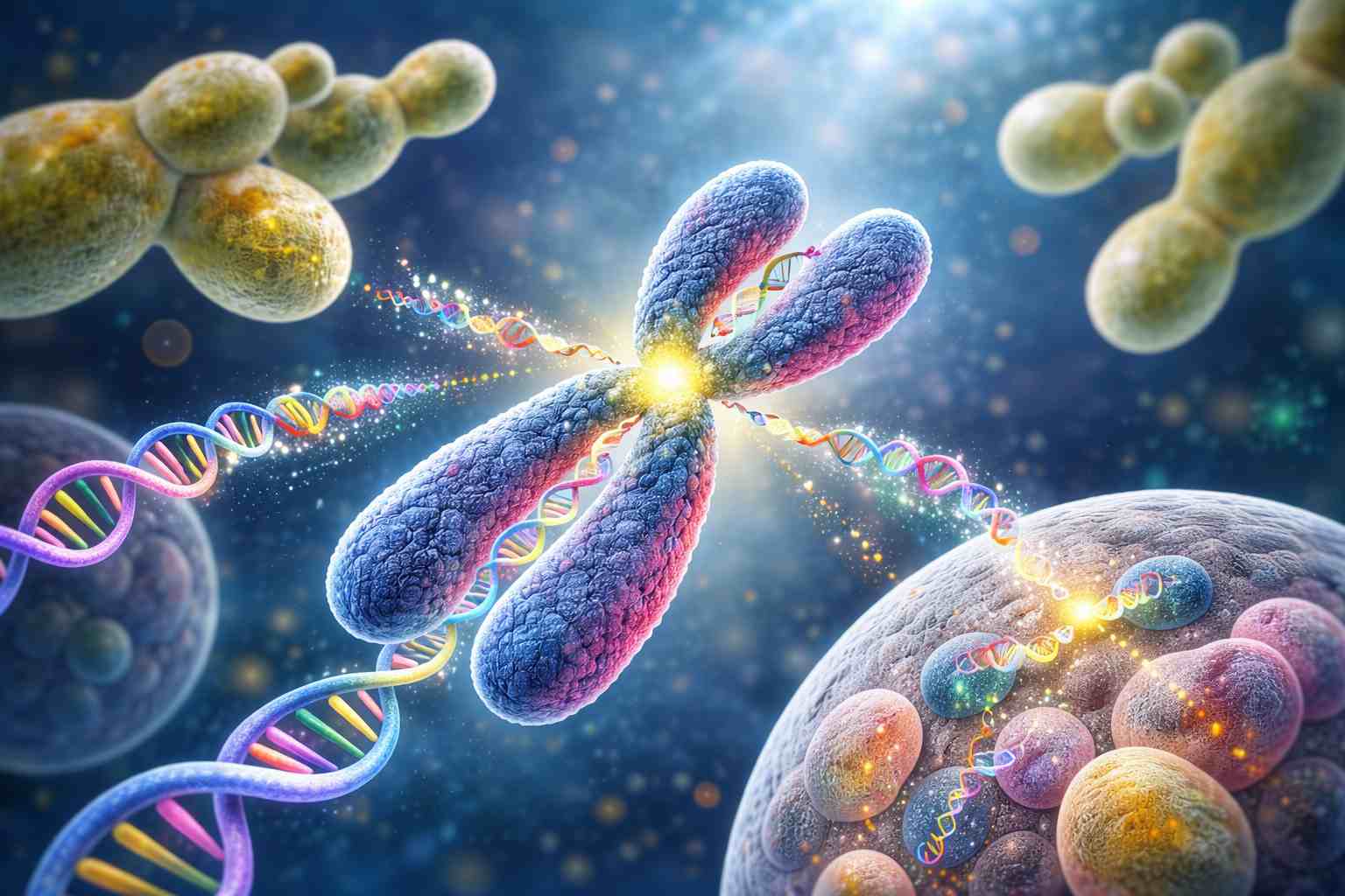 Illustration showing chromosome centromere and yeast cells during cell division