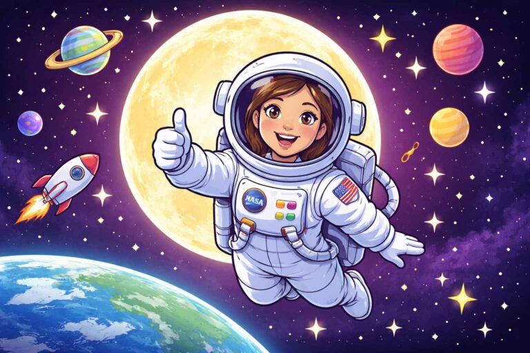 Christina Koch NASA astronaut floating in space near the Moon — kids science article illustration