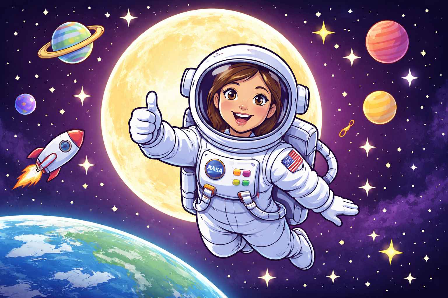 Christina Koch NASA astronaut floating in space near the Moon — kids science article illustration